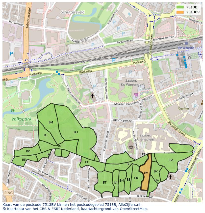 Afbeelding van het postcodegebied 7513 BV op de kaart.