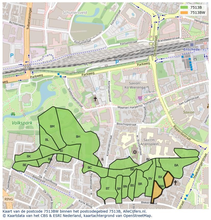Afbeelding van het postcodegebied 7513 BW op de kaart.