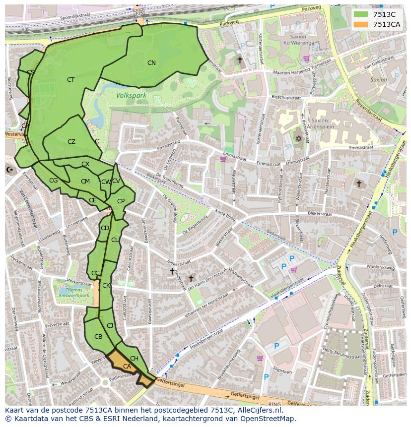 Afbeelding van het postcodegebied 7513 CA op de kaart.