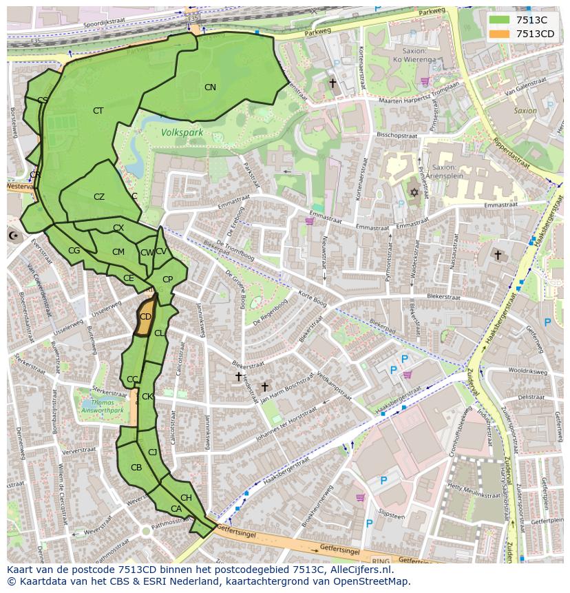 Afbeelding van het postcodegebied 7513 CD op de kaart.