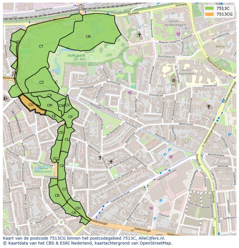Afbeelding van het postcodegebied 7513 CG op de kaart.