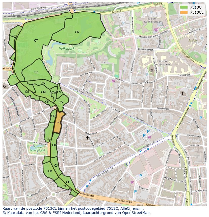 Afbeelding van het postcodegebied 7513 CL op de kaart.