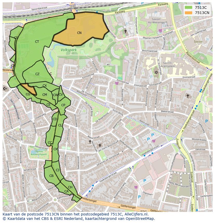 Afbeelding van het postcodegebied 7513 CN op de kaart.