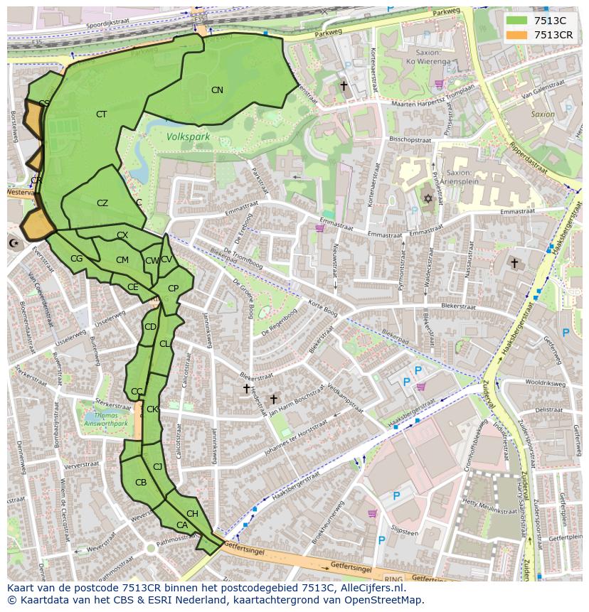Afbeelding van het postcodegebied 7513 CR op de kaart.