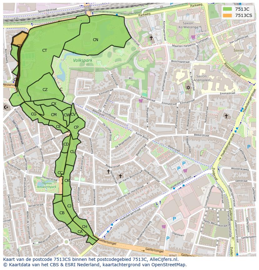 Afbeelding van het postcodegebied 7513 CS op de kaart.