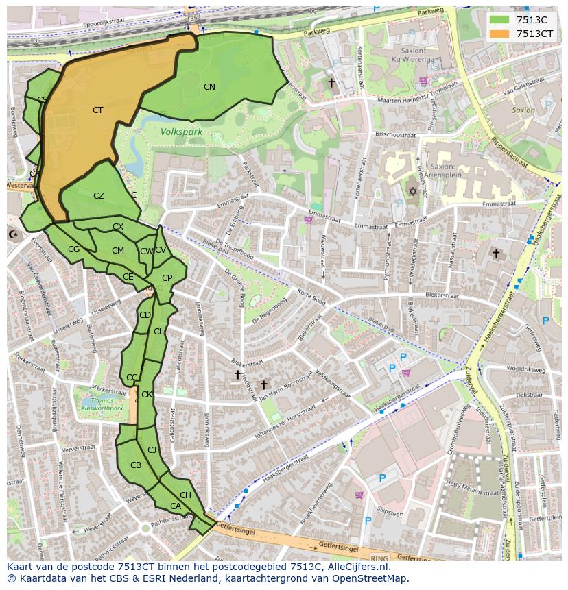 Afbeelding van het postcodegebied 7513 CT op de kaart.