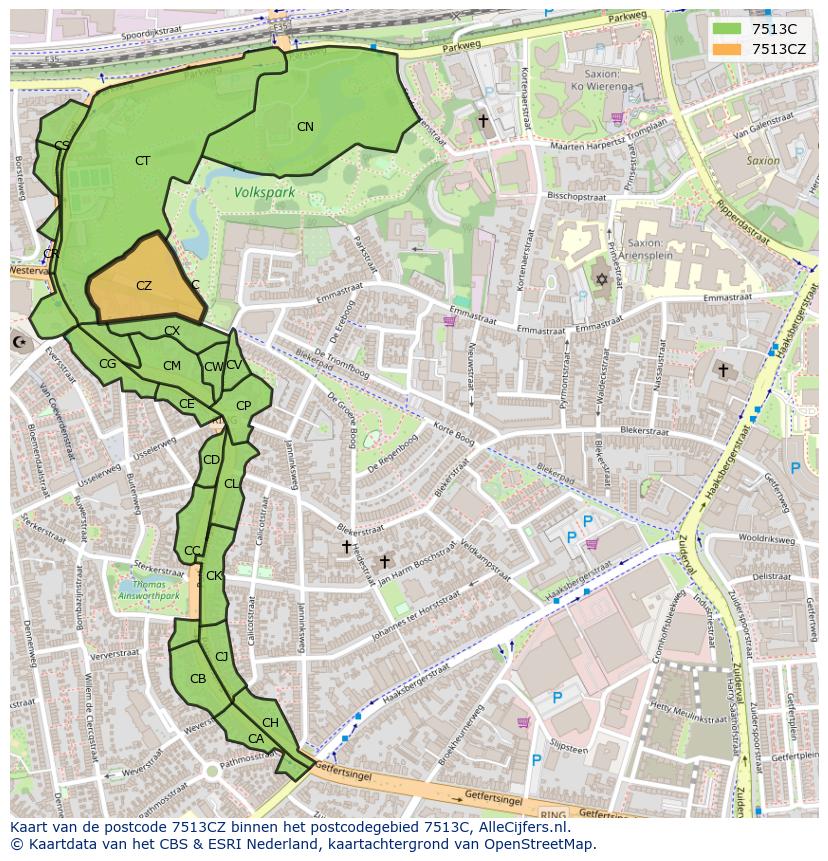 Afbeelding van het postcodegebied 7513 CZ op de kaart.