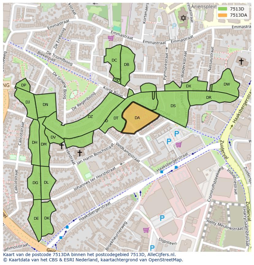Afbeelding van het postcodegebied 7513 DA op de kaart.