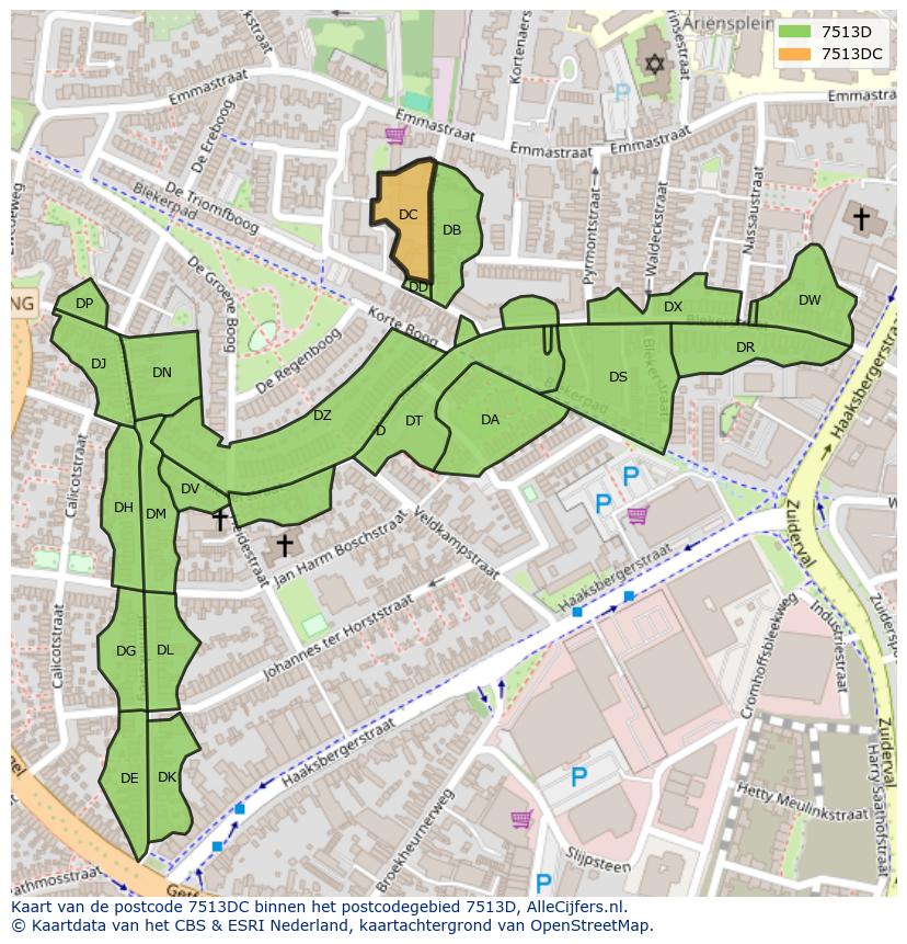 Afbeelding van het postcodegebied 7513 DC op de kaart.