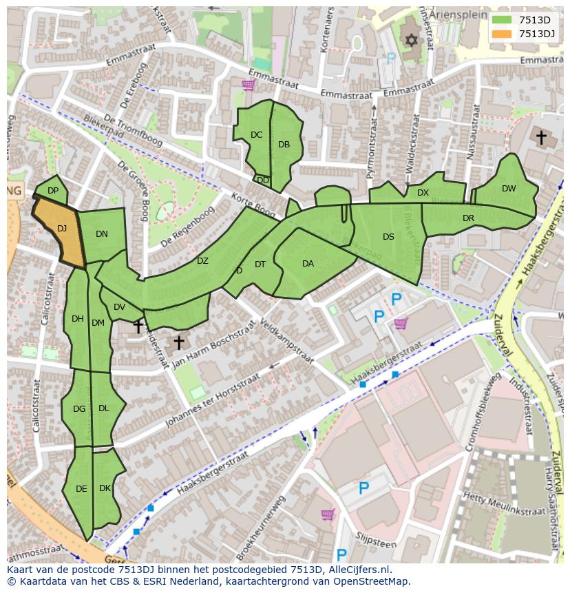 Afbeelding van het postcodegebied 7513 DJ op de kaart.