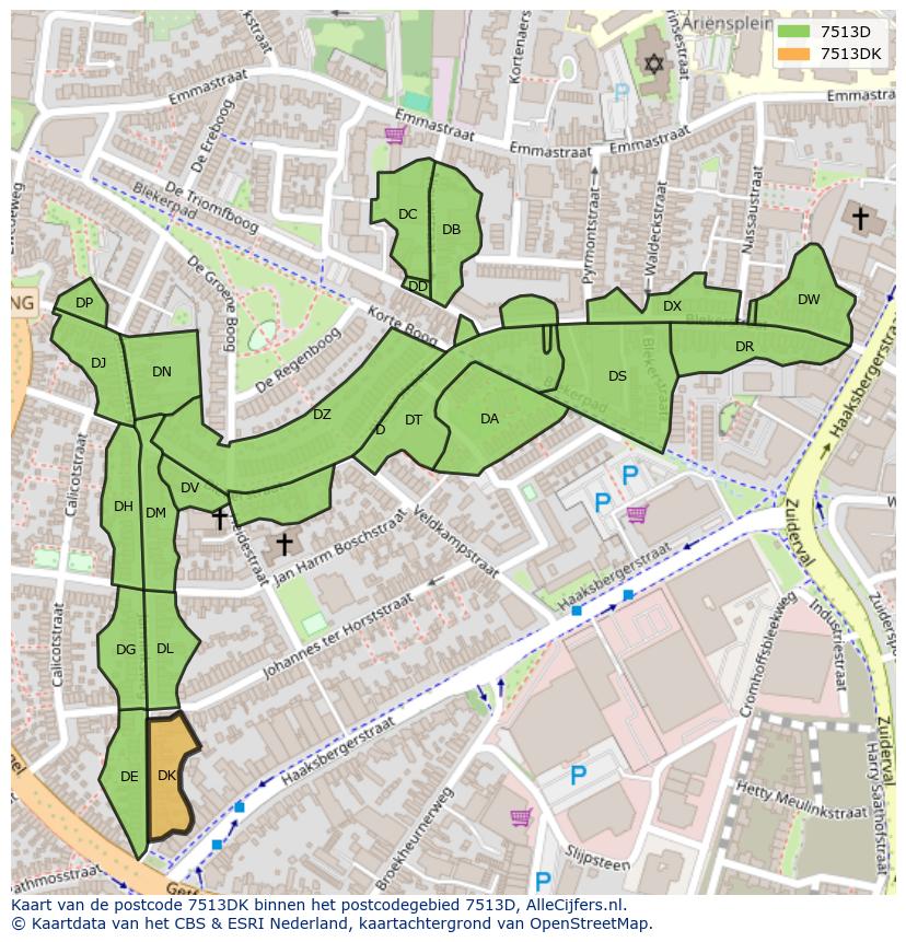 Afbeelding van het postcodegebied 7513 DK op de kaart.