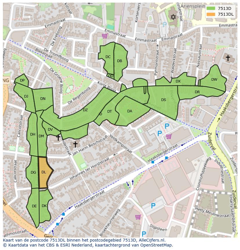 Afbeelding van het postcodegebied 7513 DL op de kaart.