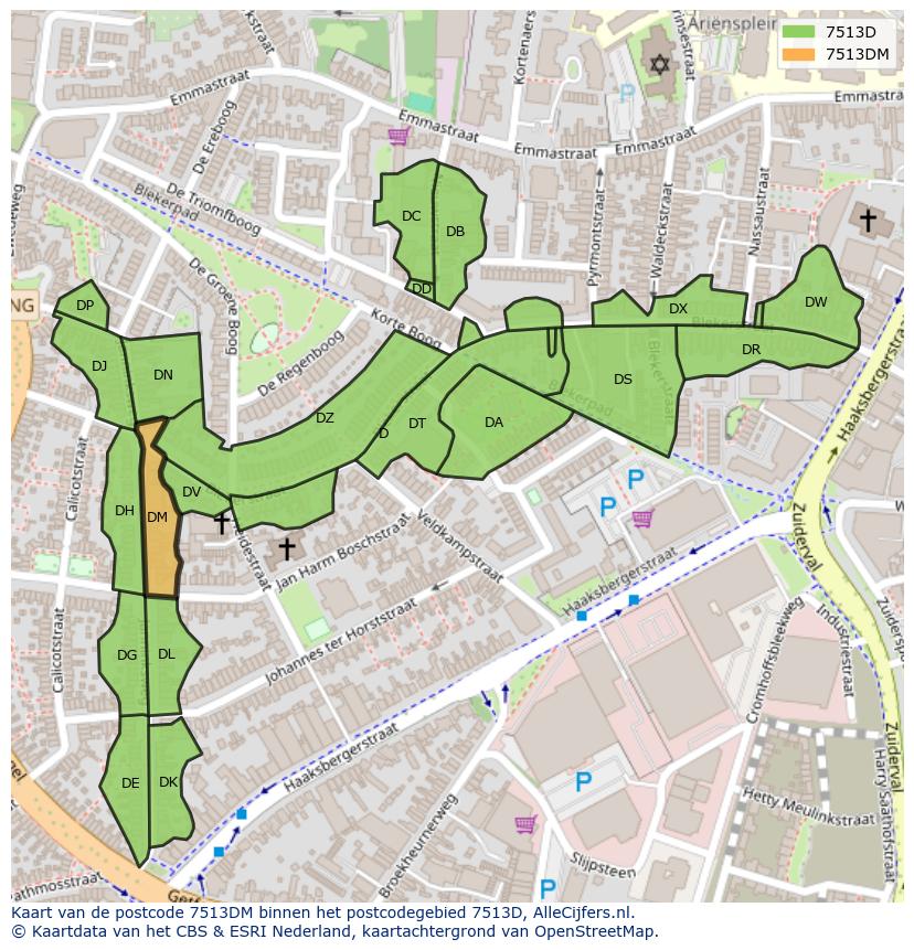 Afbeelding van het postcodegebied 7513 DM op de kaart.