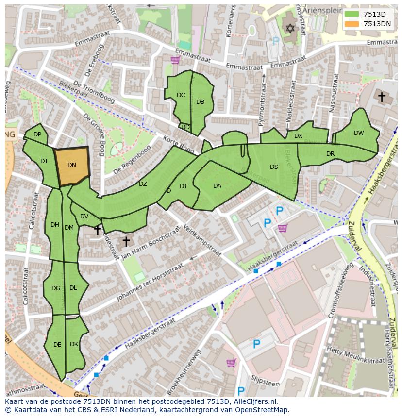 Afbeelding van het postcodegebied 7513 DN op de kaart.