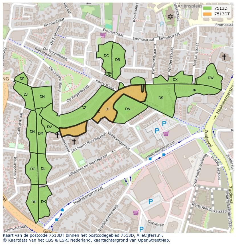 Afbeelding van het postcodegebied 7513 DT op de kaart.