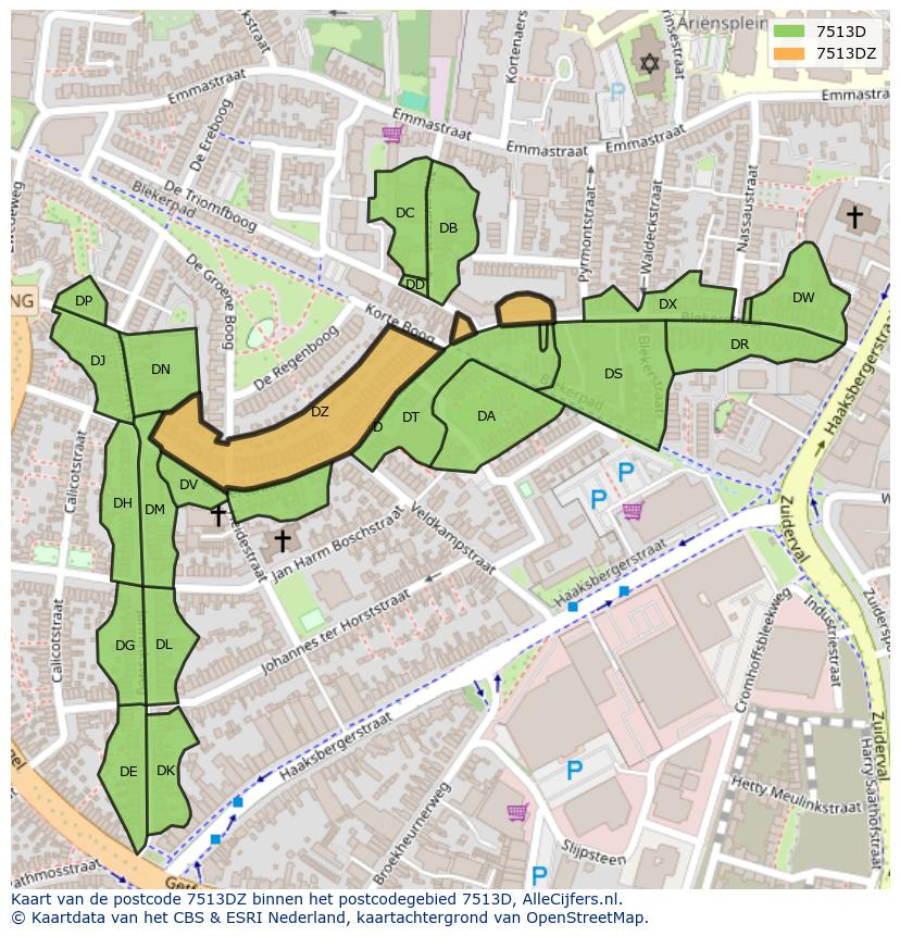Afbeelding van het postcodegebied 7513 DZ op de kaart.