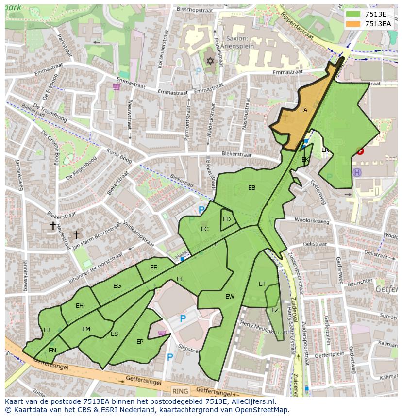 Afbeelding van het postcodegebied 7513 EA op de kaart.