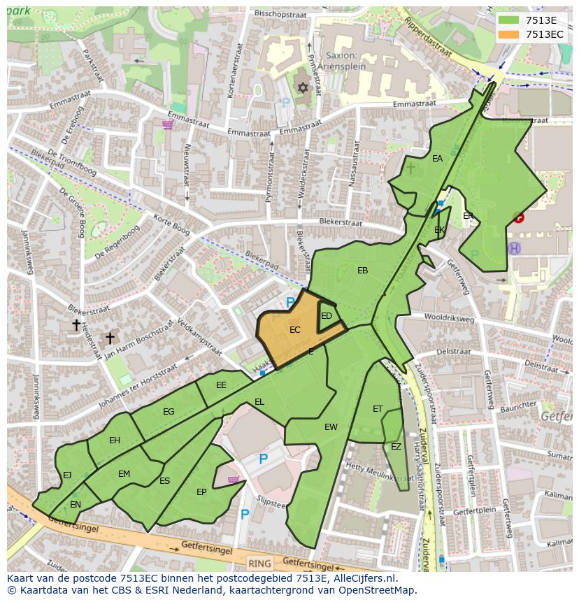 Afbeelding van het postcodegebied 7513 EC op de kaart.