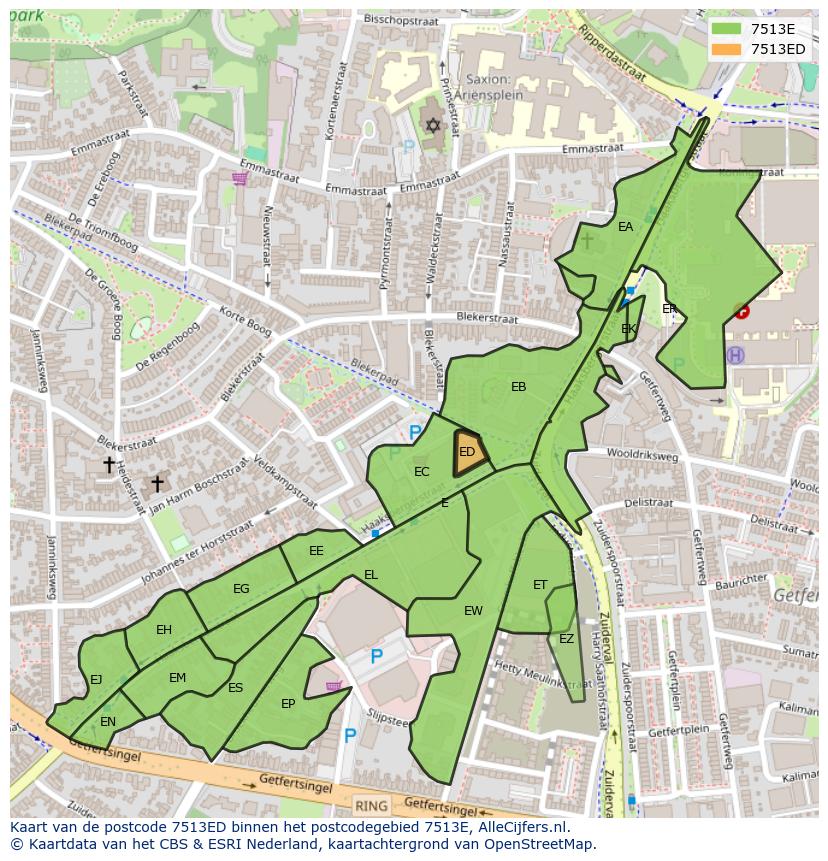 Afbeelding van het postcodegebied 7513 ED op de kaart.
