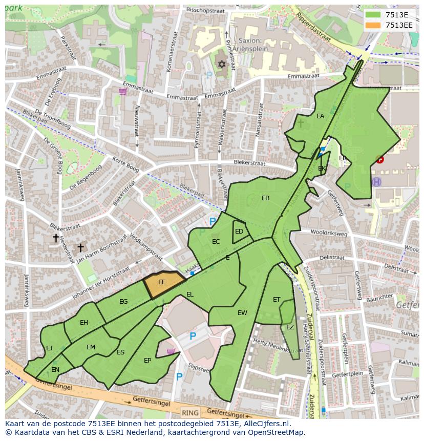 Afbeelding van het postcodegebied 7513 EE op de kaart.