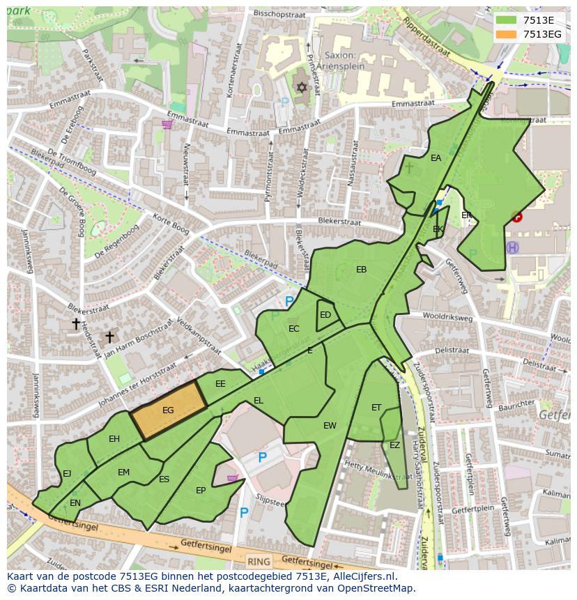 Afbeelding van het postcodegebied 7513 EG op de kaart.