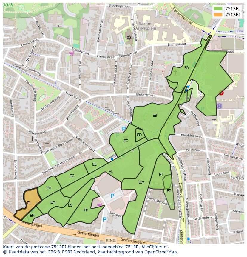 Afbeelding van het postcodegebied 7513 EJ op de kaart.