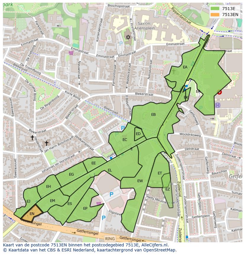 Afbeelding van het postcodegebied 7513 EN op de kaart.