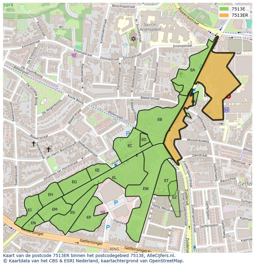 Afbeelding van het postcodegebied 7513 ER op de kaart.