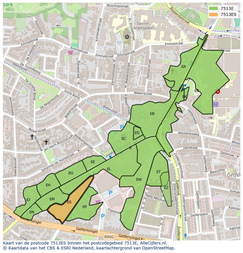 Afbeelding van het postcodegebied 7513 ES op de kaart.