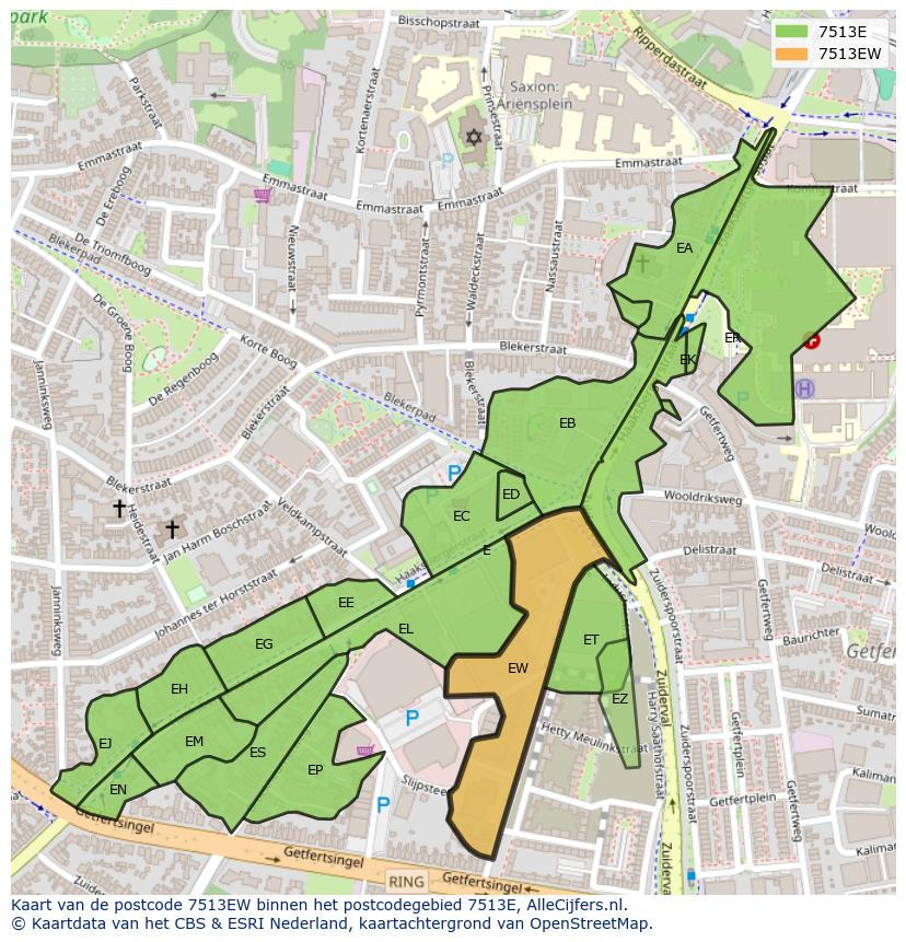 Afbeelding van het postcodegebied 7513 EW op de kaart.