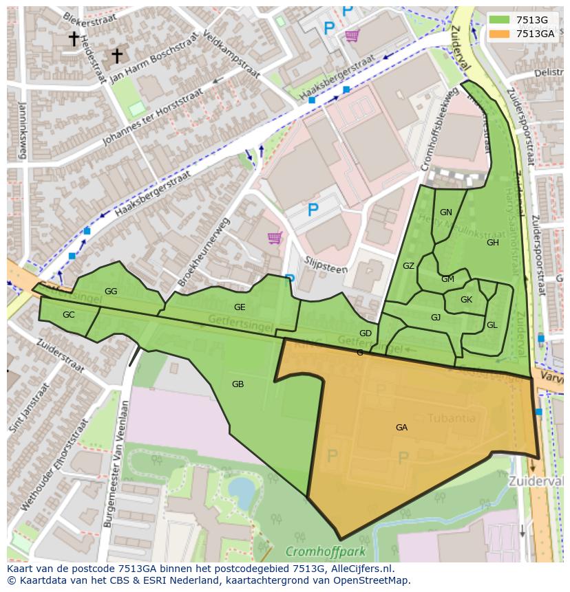 Afbeelding van het postcodegebied 7513 GA op de kaart.