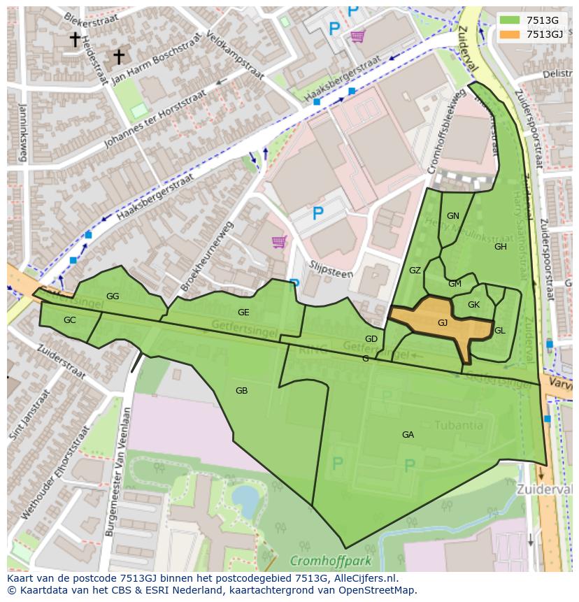 Afbeelding van het postcodegebied 7513 GJ op de kaart.