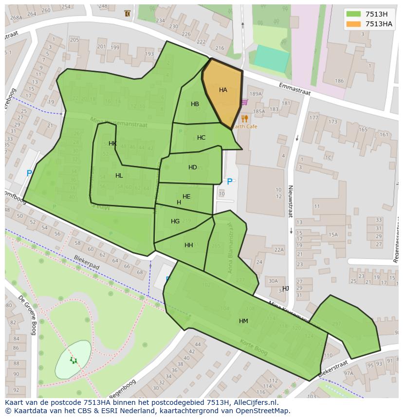 Afbeelding van het postcodegebied 7513 HA op de kaart.
