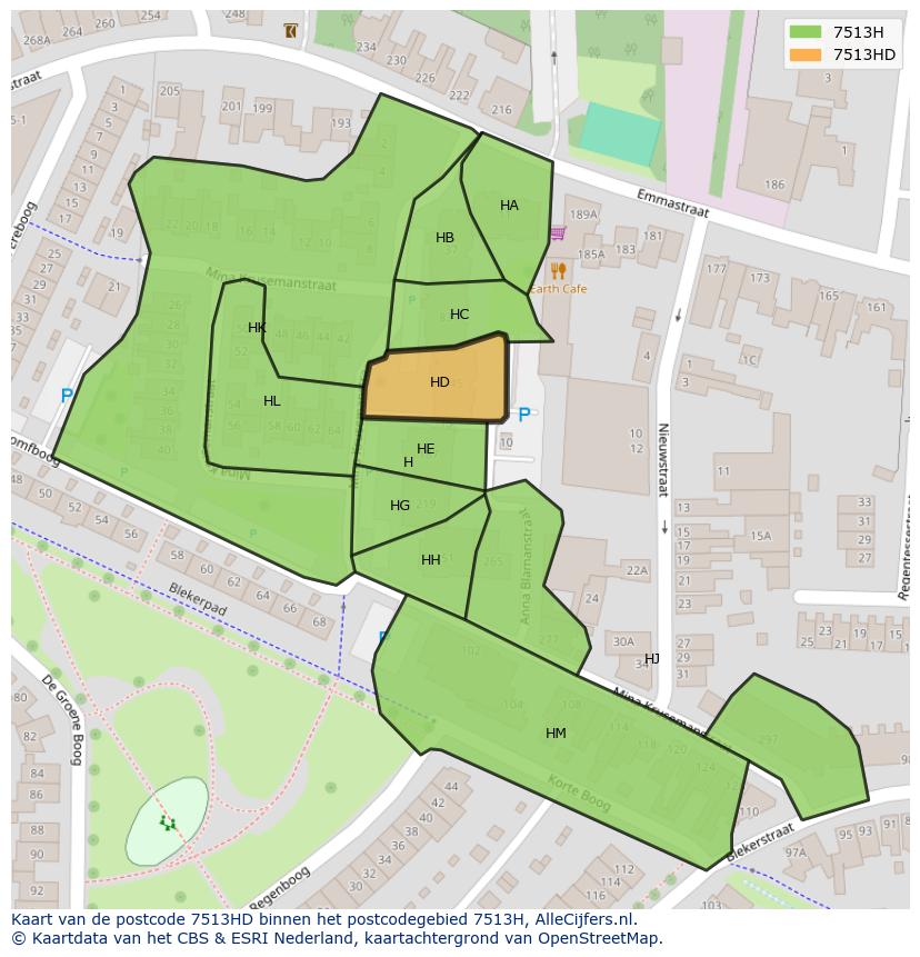 Afbeelding van het postcodegebied 7513 HD op de kaart.