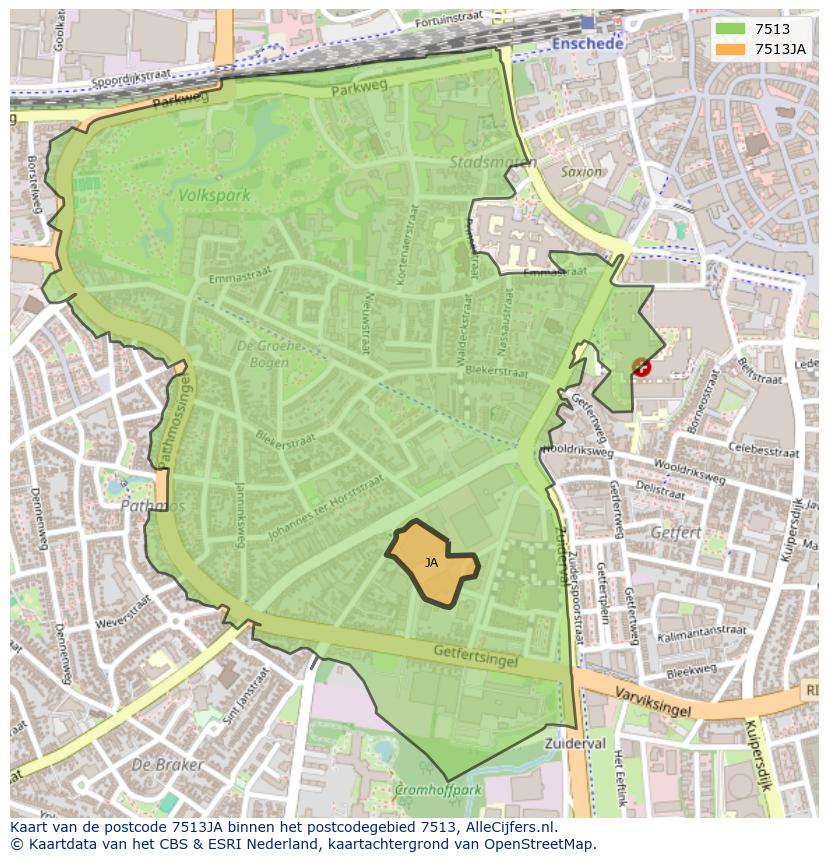 Afbeelding van het postcodegebied 7513 JA op de kaart.