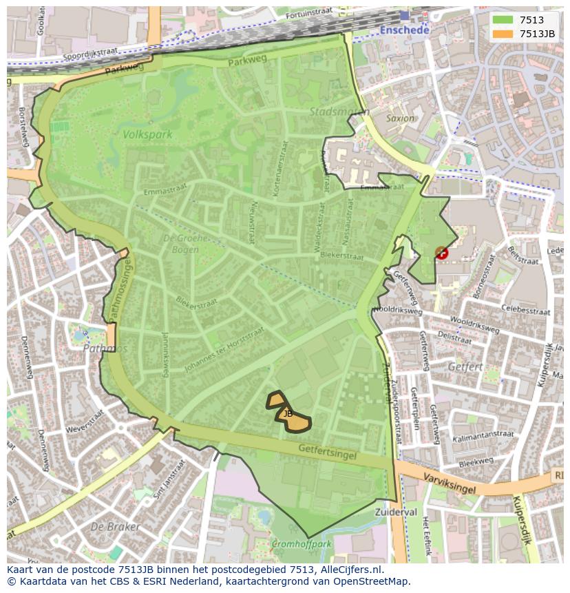Afbeelding van het postcodegebied 7513 JB op de kaart.