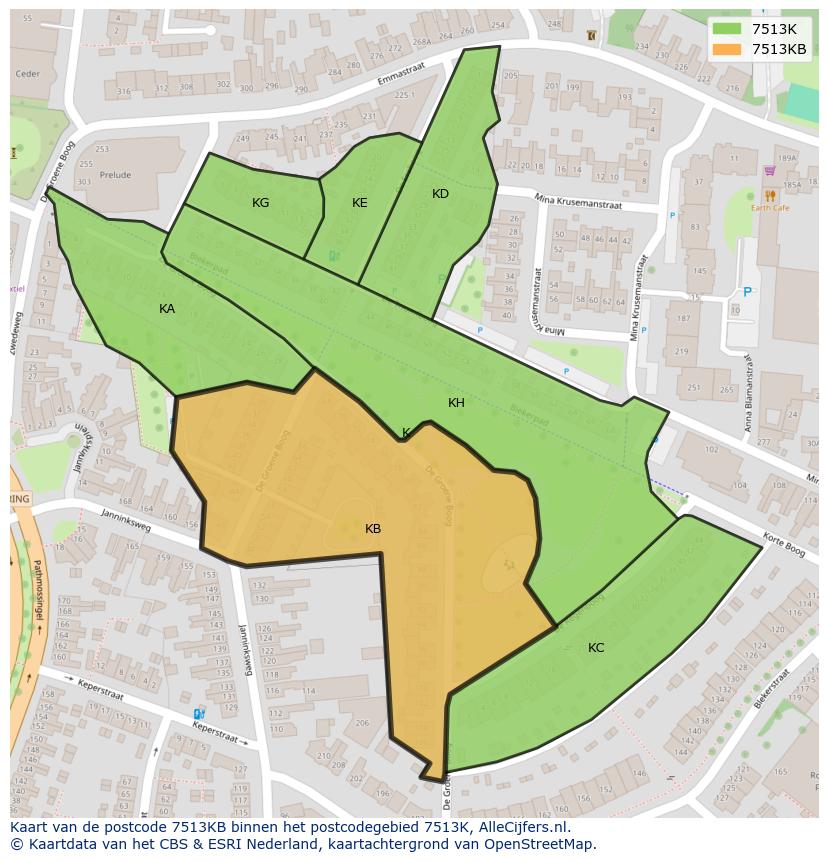 Afbeelding van het postcodegebied 7513 KB op de kaart.
