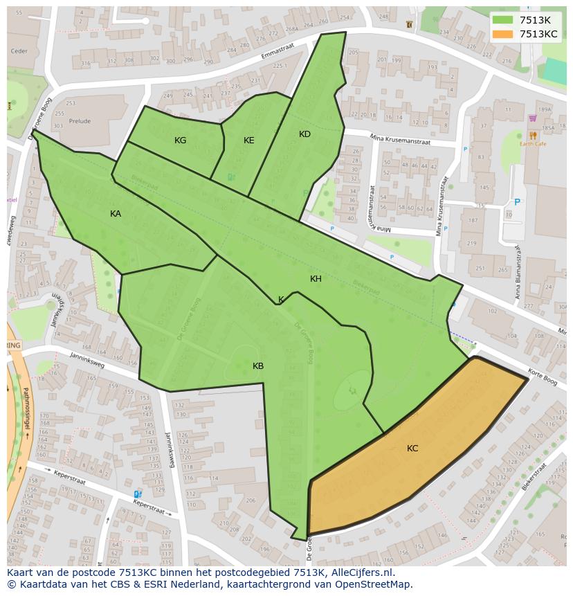 Afbeelding van het postcodegebied 7513 KC op de kaart.