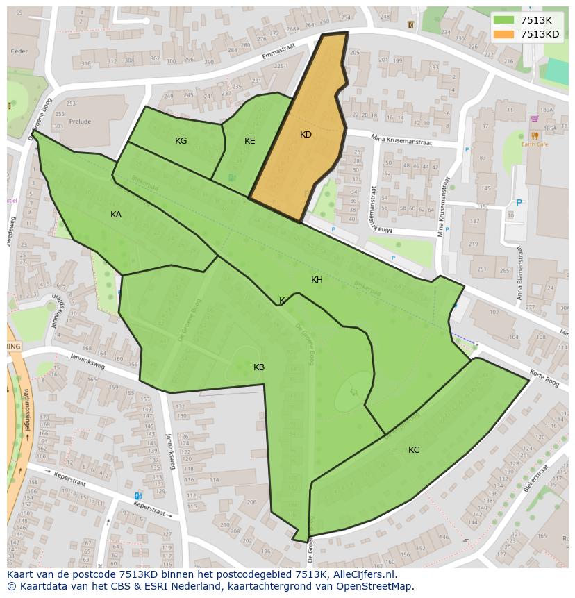Afbeelding van het postcodegebied 7513 KD op de kaart.