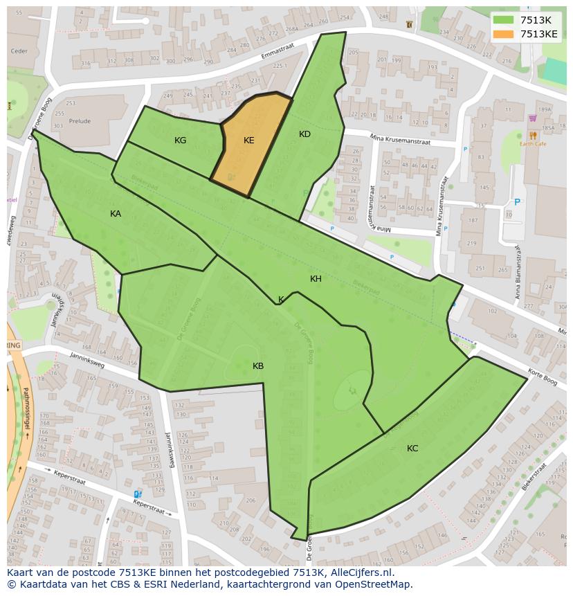 Afbeelding van het postcodegebied 7513 KE op de kaart.
