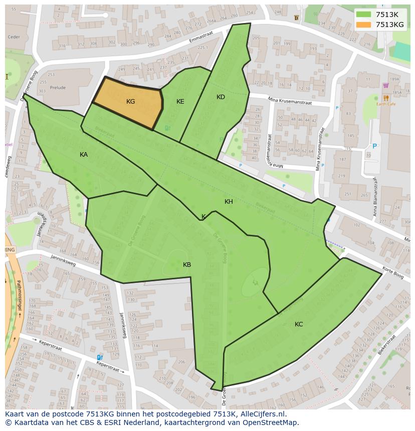 Afbeelding van het postcodegebied 7513 KG op de kaart.