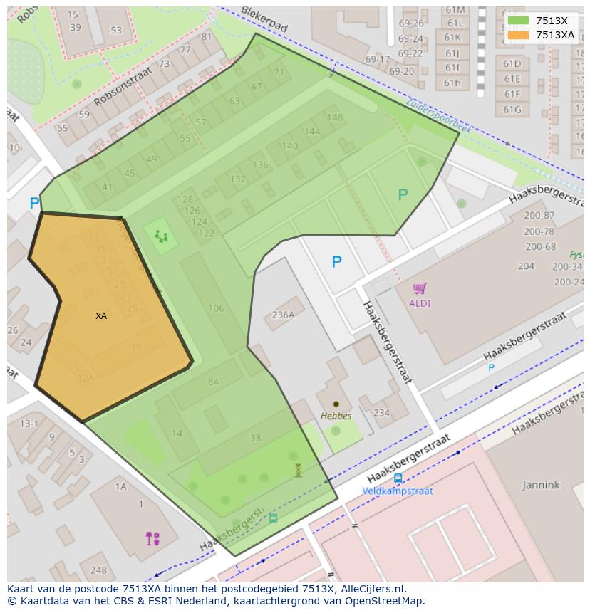 Afbeelding van het postcodegebied 7513 XA op de kaart.