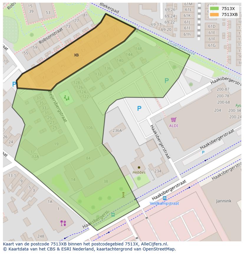 Afbeelding van het postcodegebied 7513 XB op de kaart.
