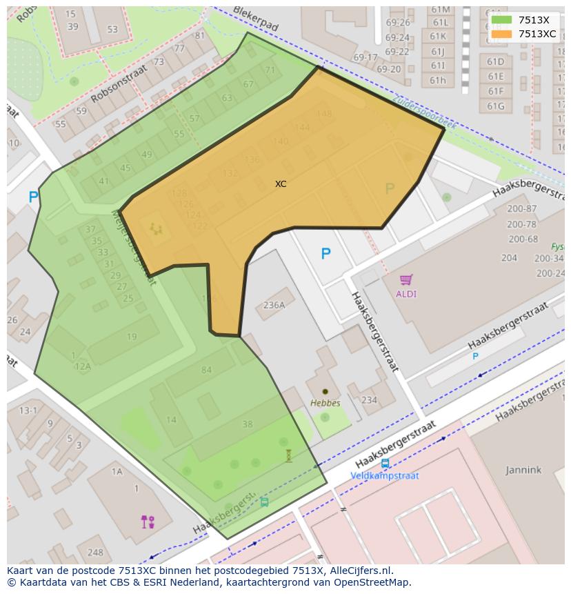 Afbeelding van het postcodegebied 7513 XC op de kaart.