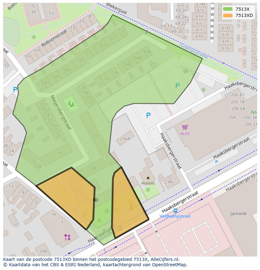 Afbeelding van het postcodegebied 7513 XD op de kaart.