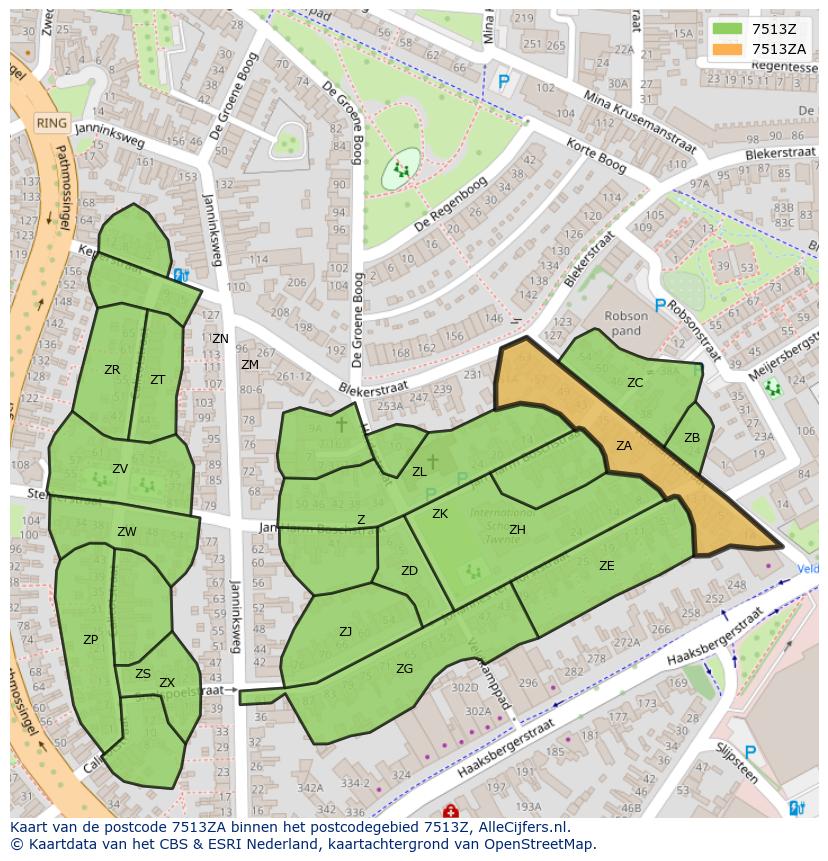Afbeelding van het postcodegebied 7513 ZA op de kaart.
