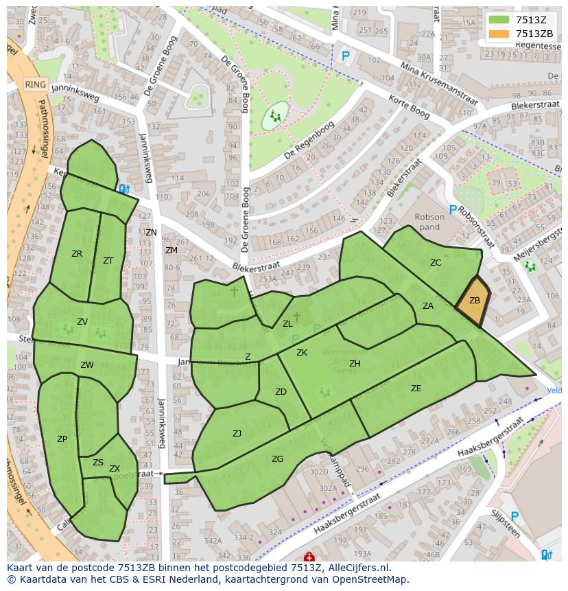 Afbeelding van het postcodegebied 7513 ZB op de kaart.