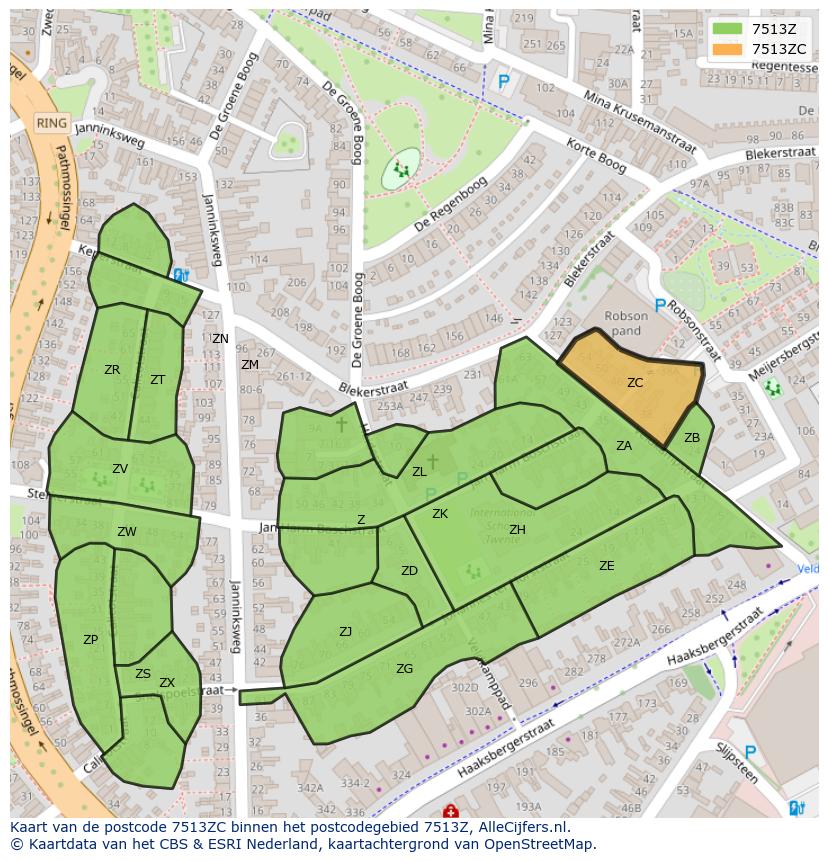 Afbeelding van het postcodegebied 7513 ZC op de kaart.