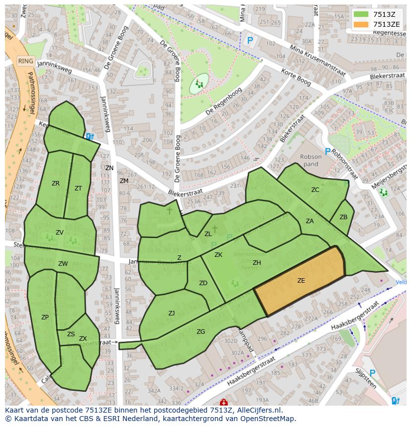 Afbeelding van het postcodegebied 7513 ZE op de kaart.