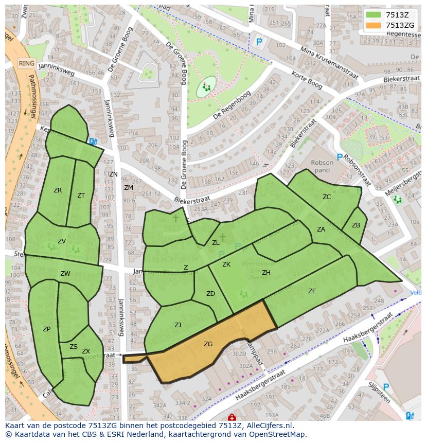 Afbeelding van het postcodegebied 7513 ZG op de kaart.